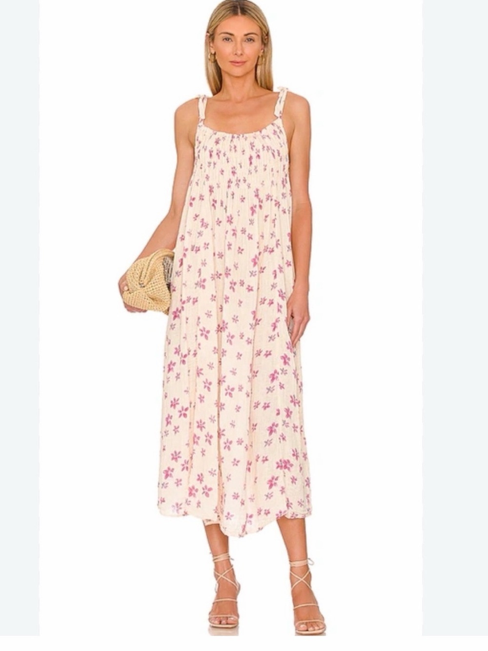 Free People Cream Midi Dress with Pink Floral Print